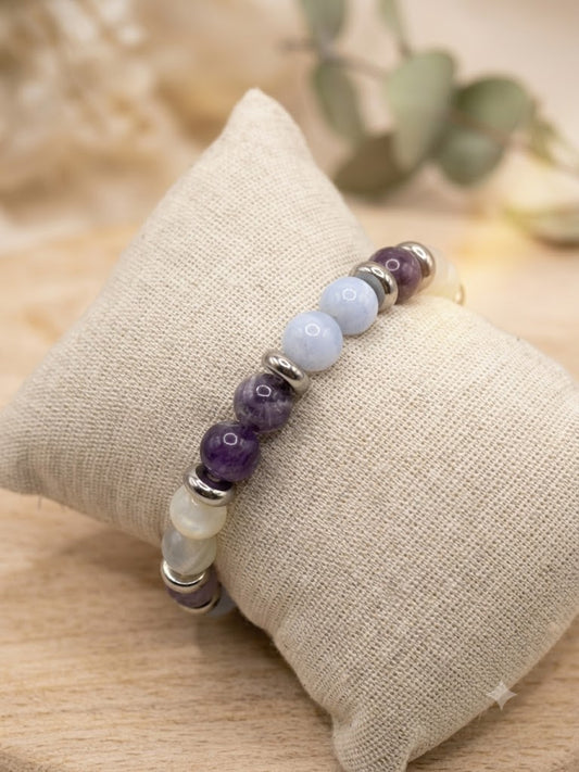 Bracelet Ménopause Femme en Pierres Naturelles – Améthyste, Calcédoine & Pierre de Lune – Bijou Bien-être Féminin