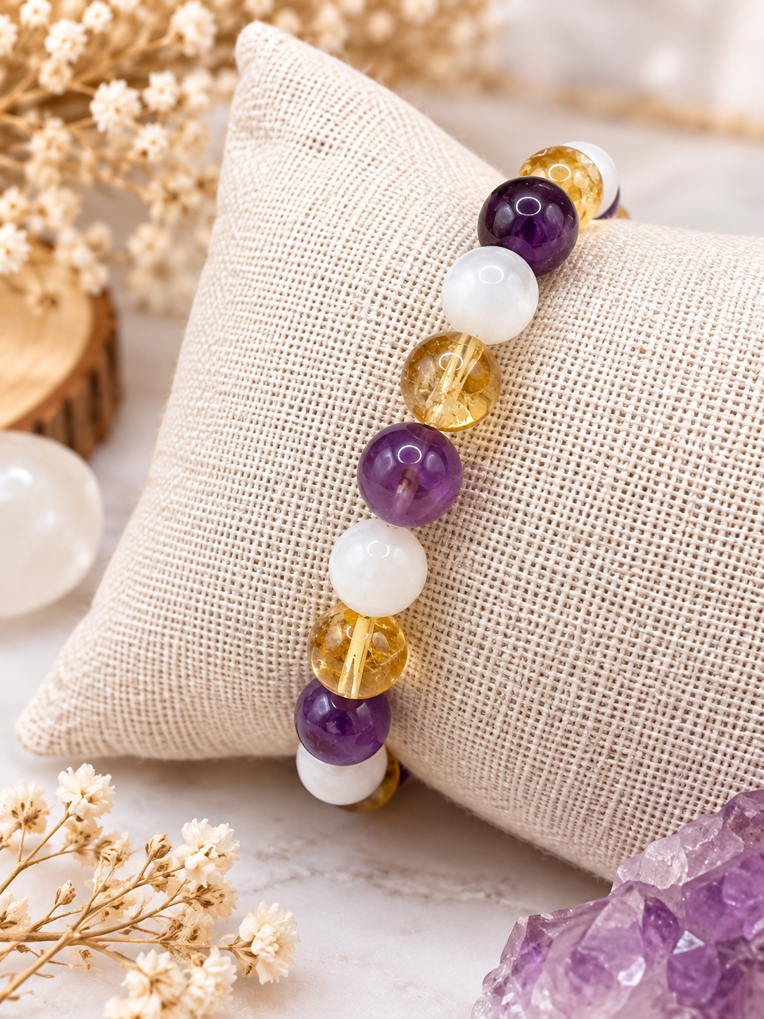 Bracelet Nouvelle Lune en Pierres Naturelles – Pierre de Lune, Citrine & Améthyste