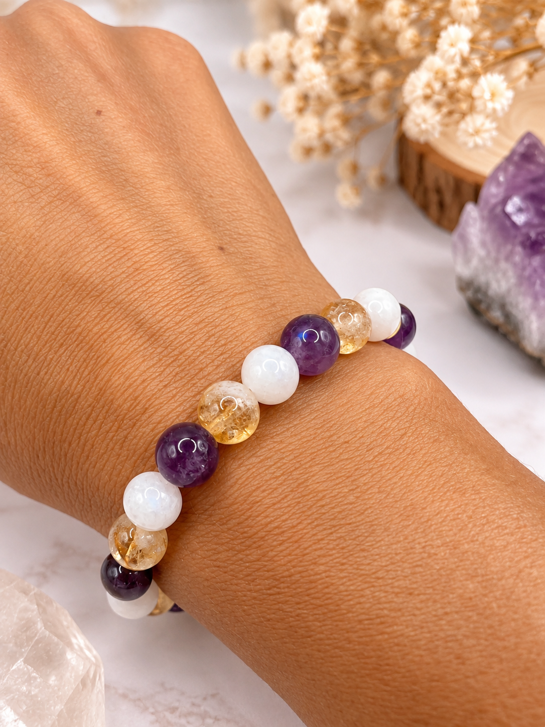 Bracelet Nouvelle Lune en Pierres Naturelles – Pierre de Lune, Citrine & Améthyste