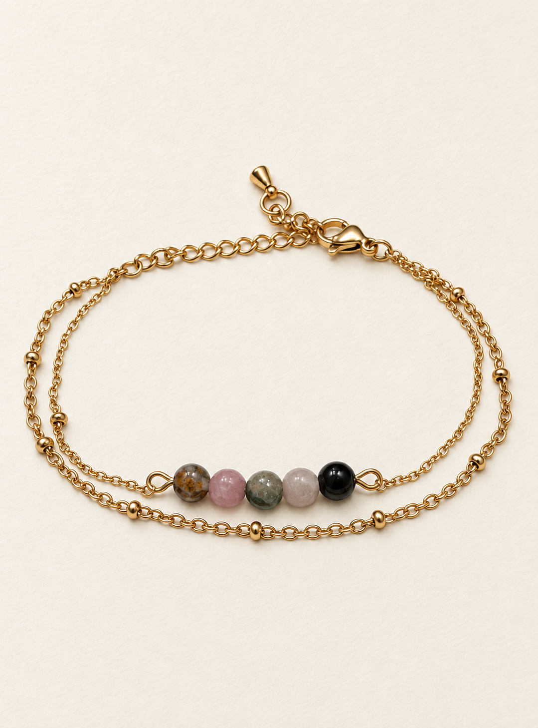 Bracelet Tourmaline Femme Double Rang en Acier Doré