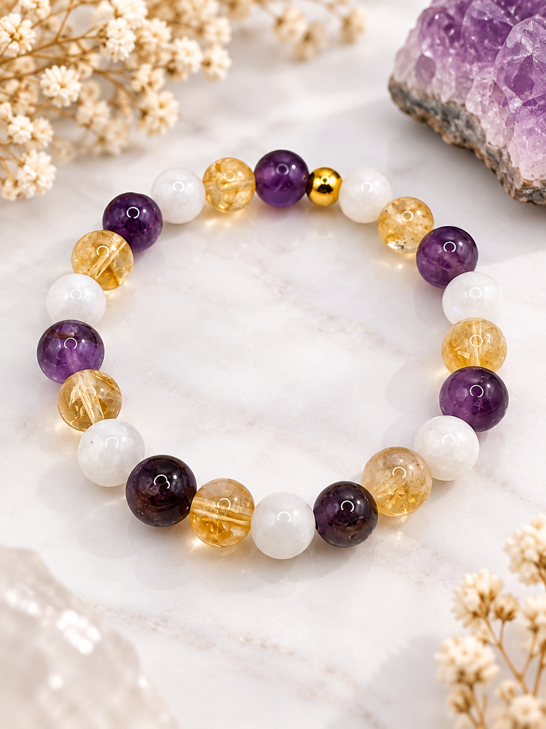 Bracelet Nouvelle Lune en Pierres Naturelles – Pierre de Lune, Citrine & Améthyste