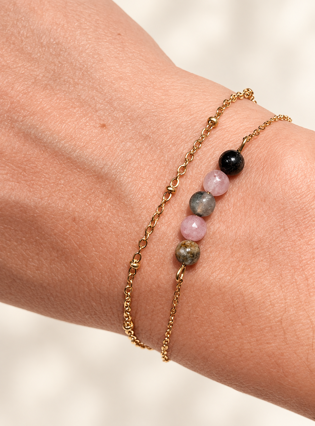 Bracelet Tourmaline Femme Double Rang en Acier Doré