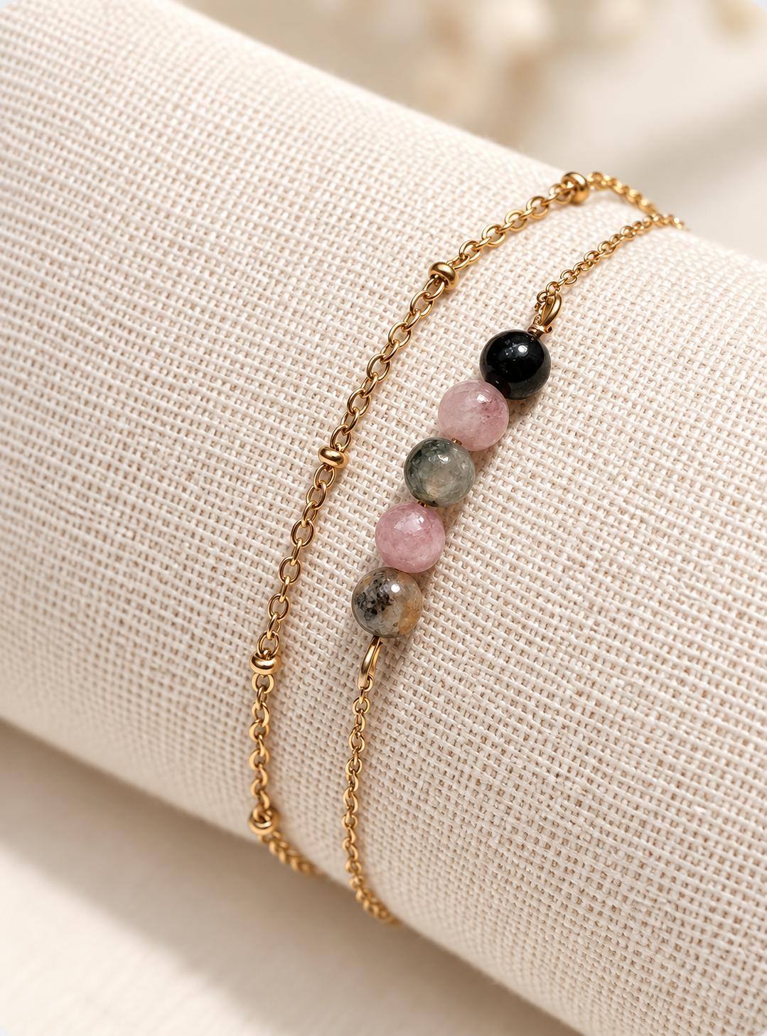 Bracelet Tourmaline Femme Double Rang en Acier Doré