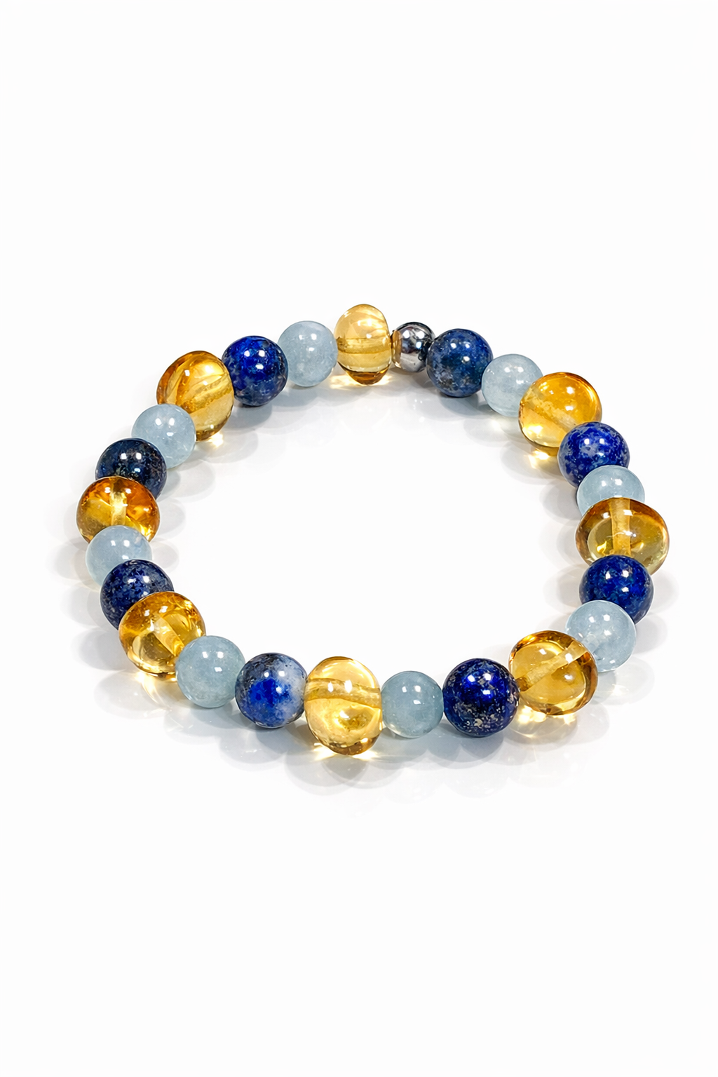 Bracelet enfant ambre, aigue‑marine et lapis‑lazuli – pierres naturelles bleues et dorées, douceur, protection et sérénité