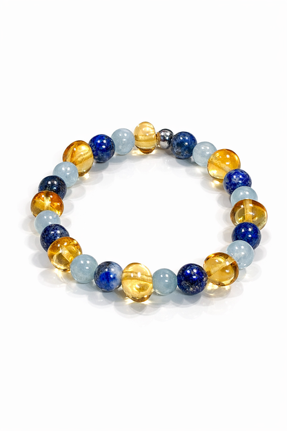 Bracelet enfant ambre, aigue‑marine et lapis‑lazuli – pierres naturelles bleues et dorées, douceur, protection et sérénité