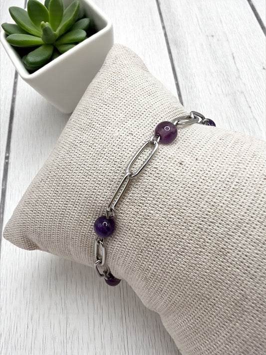Bracelet en Améthyste et Acier Inoxydable Argenté - Équilibre Énergétique au Poignet