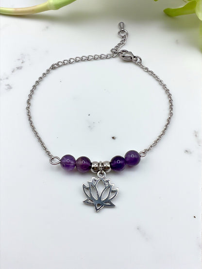 Bracelet Améthyste Lotus Argenté – Sérénité, Énergie & Harmonie 💜