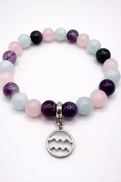 Bracelet Verseau en Aigue-Marine, Quartz Rose et Fluorite : Harmonie et Protection Astrologique