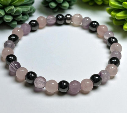 💫 Bracelet Apaisant en Quartz Rose, Améthyste & Hématite – Équilibre & Sérénité