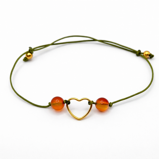 Bracelet Cornaline femme – Pierre naturelle 6 mm & cœur en acier inoxydable doré