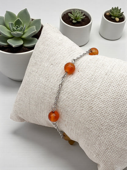 Bracelet Cornaline 6mm – Vitalité, Confiance & Énergie Positive | Acier Inoxydable Argenté