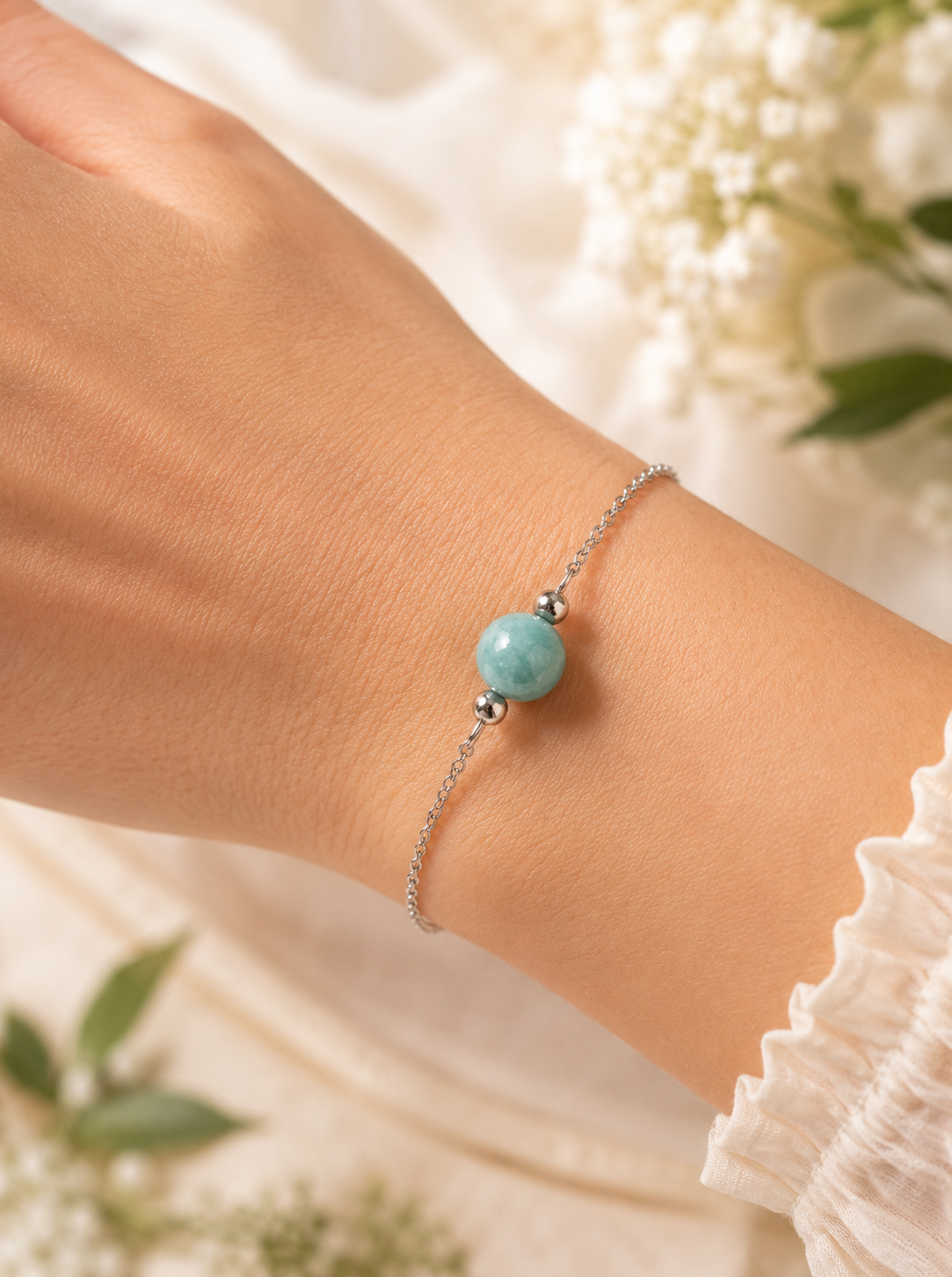 Bracelet amazonite en acier inoxydable argenté – bijou lithothérapie apaisant