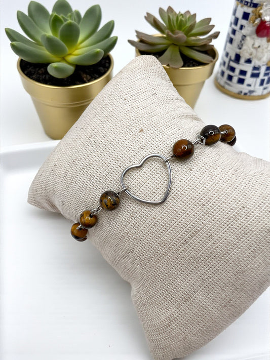 Bracelet Cœur en Œil de Tigre & Acier Inoxydable Argenté – Protection, Confiance & Énergie Positive