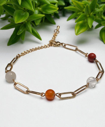 Bracelet Fertilité en Pierres Naturelles & Acier Doré – Pierre de Lune, Cornaline, Jaspe Rouge