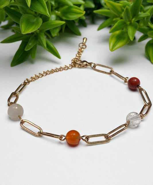 Bracelet Fertilité en Pierres Naturelles & Acier Doré – Pierre de Lune, Cornaline, Jaspe Rouge