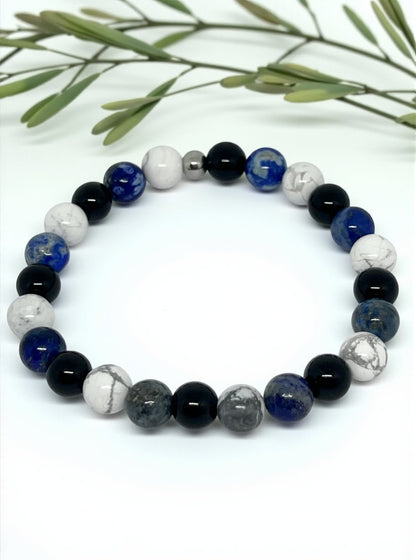 🧘‍♀️ Bracelet Apaisant – Howlite, Lapis-Lazuli & Obsidienne pour Sérénité et Ancrage