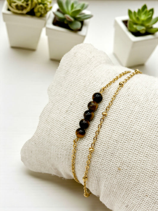 Bracelet Double Rang Œil de Tigre & Acier Doré – Protection, Confiance & Force Intérieure | Bijou Énergétique Naturel