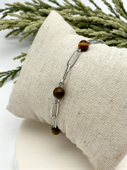 Bracelet Œil de Tigre & Acier Argenté – Protection, Confiance & Force Intérieure