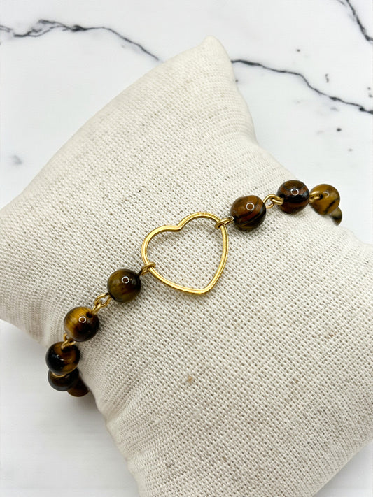 Bracelet Œil de Tigre Naturel – Bijou Lithothérapie Cœur & Acier Doré Hypoallergénique
