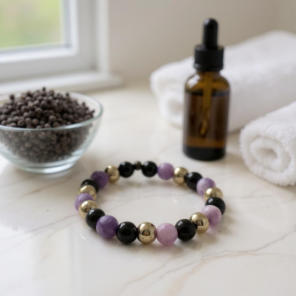 Bracelet Protection & Ancrage – Lépidolite, Obsidienne Noire et Hématite Dorée en Pierres Naturelles