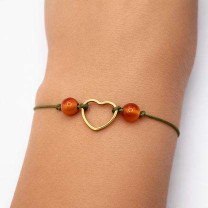Bracelet Cornaline femme – Pierre naturelle 6 mm & cœur en acier inoxydable doré