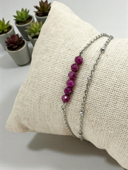 Bracelet Rubis Double Rang en Acier Inoxydable Argenté – Passion, Vitalité & Élégance