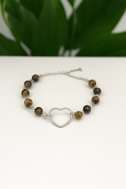 Bracelet Cœur en Œil de Tigre & Acier Inoxydable Argenté – Protection, Confiance & Énergie Positive
