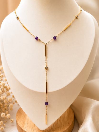 Collier Améthyste Femme en Pierre Naturelle – Acier Inoxydable Doré – Collier Y Élégant & Raffiné