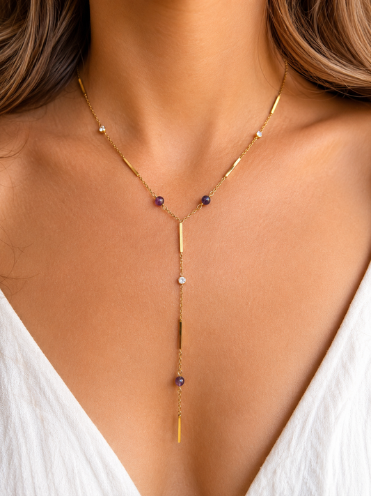 Collier Améthyste Femme en Pierre Naturelle – Acier Inoxydable Doré – Collier Y Élégant & Raffiné