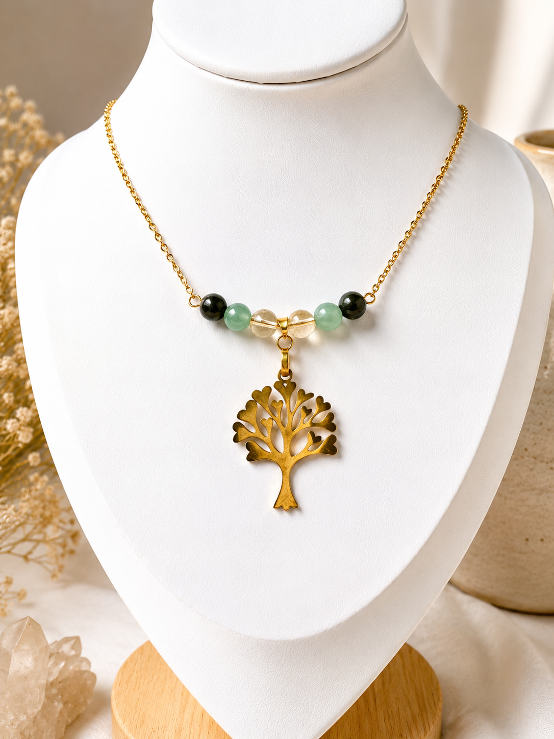 Collier Citrine, Pyrite & Aventurine – Bijou en Pierres Naturelles & Acier Inoxydable Doré