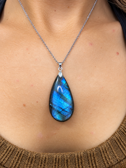 Collier pierre naturelle labradorite, chaîne inox argentée