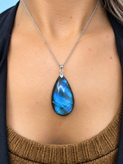 Collier pierre naturelle labradorite, chaîne inox argentée