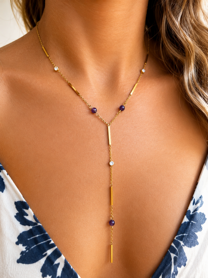 Collier Améthyste Femme en Pierre Naturelle – Acier Inoxydable Doré – Collier Y Élégant & Raffiné