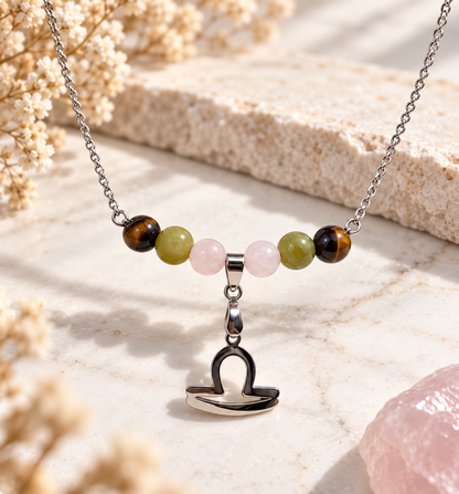 Collier Balance – Quartz Rose, Jade & Œil de Tigre