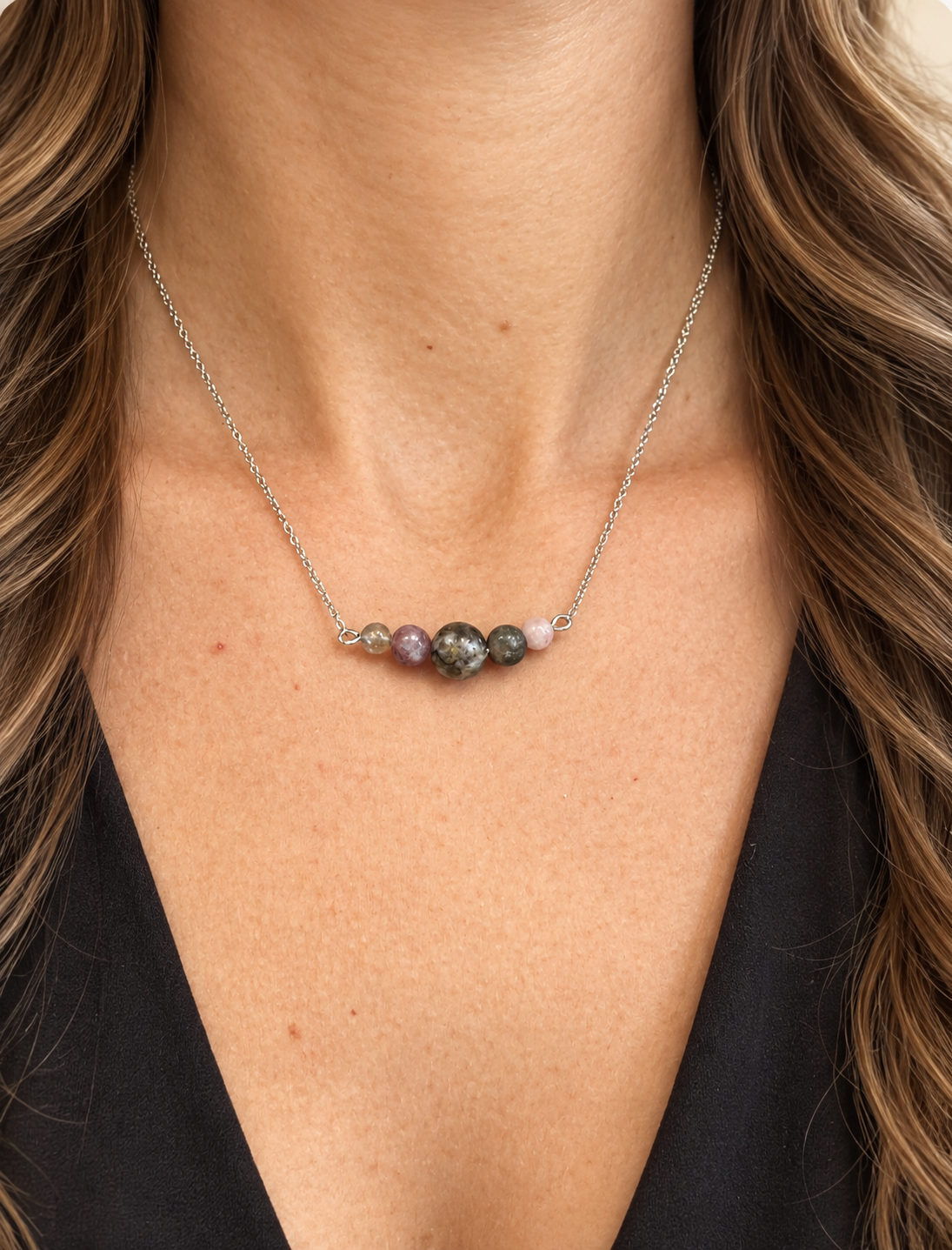 Collier Tourmaline Multicolore Femme – Acier Inoxydable Argenté