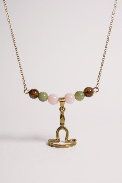 Collier Astro Balance en Quartz Rose, Jade, Œil de Tigre et Acier Inoxydable Doré – Harmonie et Raffinement