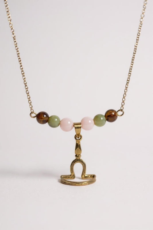 Collier Astro Balance en Quartz Rose, Jade, Œil de Tigre et Acier Inoxydable Doré – Harmonie et Raffinement