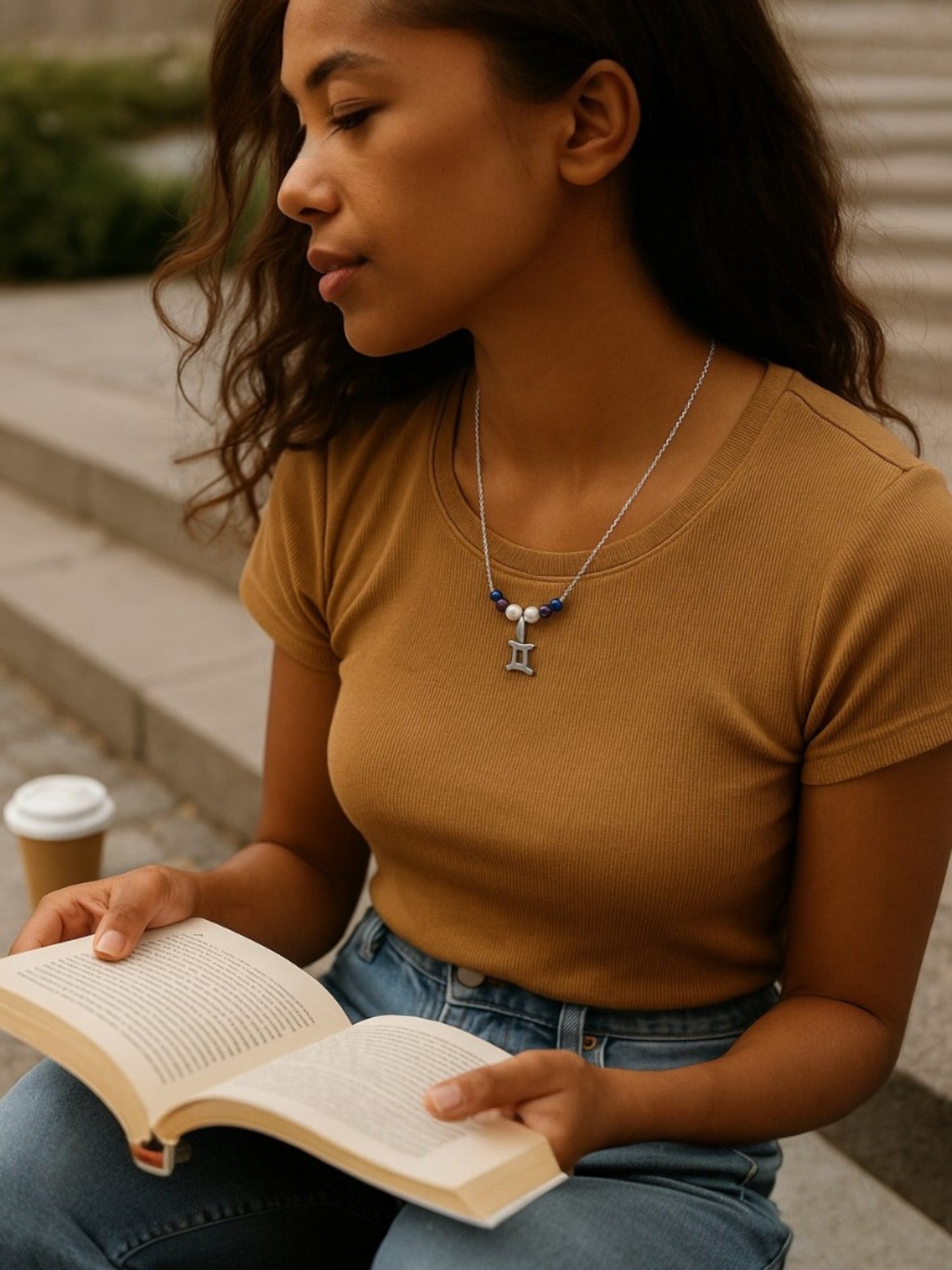 Collier Gémeaux Argenté en Acier Inoxydable avec Aigue-Marine, Lapis Lazuli et Améthyste