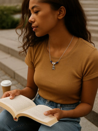 Collier Gémeaux Argenté en Acier Inoxydable avec Aigue-Marine, Lapis Lazuli et Améthyste