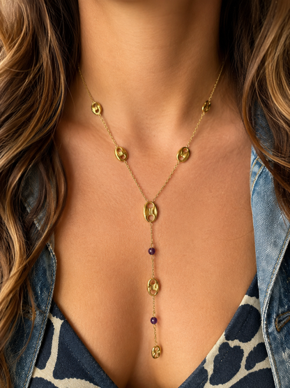 Collier Acier Inoxydable Doré, Grains de Café & Améthyste