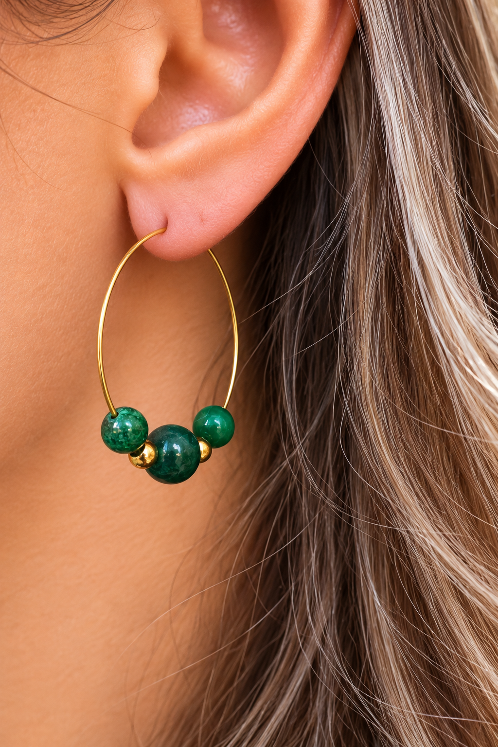 Créoles Malachite Femme – Pierre Naturelle & Acier Inoxydable Doré