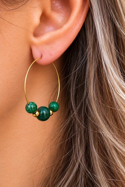 Créoles Malachite Femme – Pierre Naturelle & Acier Inoxydable Doré