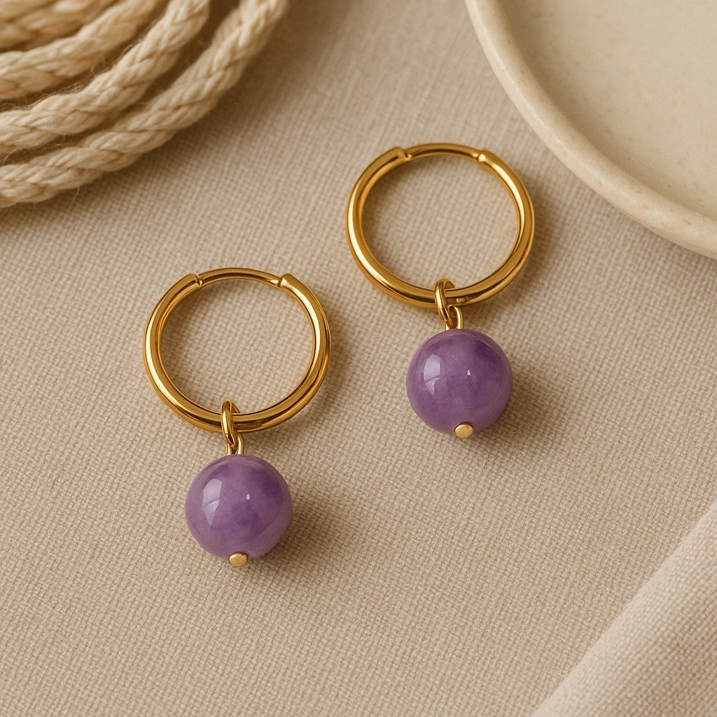 Boucles D'oreilles Créoles Avec Améthyste - Acier Inoxydable Doré, Fermoir Clous, Modèle V5 - Neuf Avec étiquettes