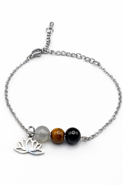 Bracelet Triple Protection en Pierres Naturelles – Œil de Tigre, labradorite & Obsidienne Noire – Acier Inoxydable argenté