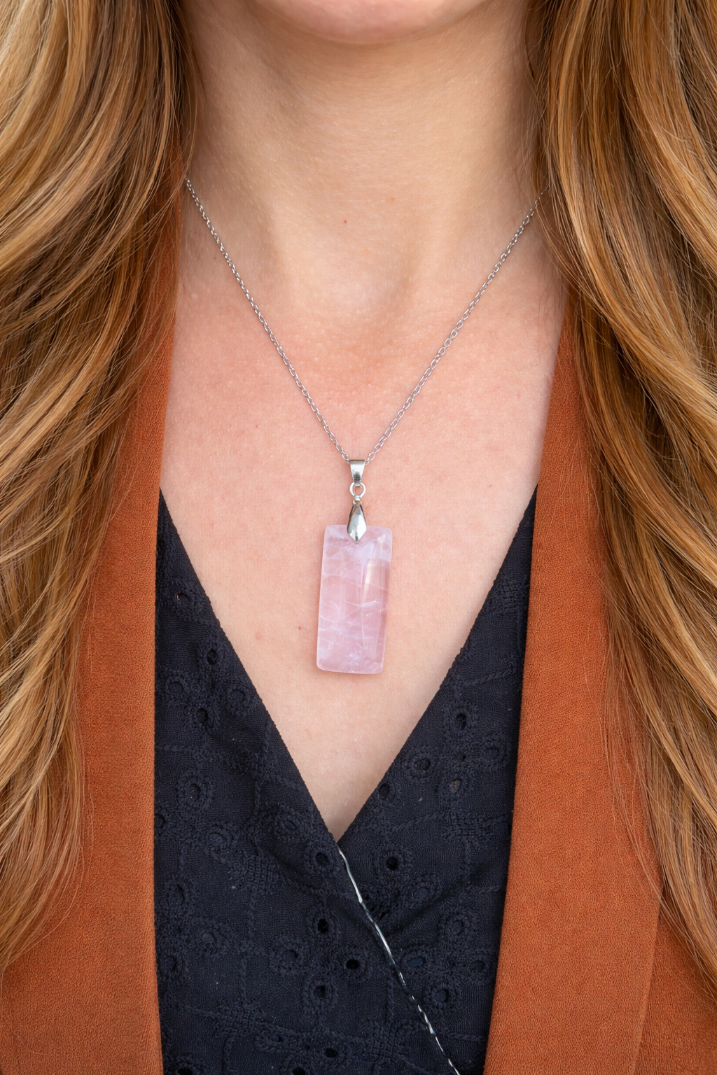 Collier quartz rose femme en acier inoxydable argenté – bijou pierre naturelle amour
