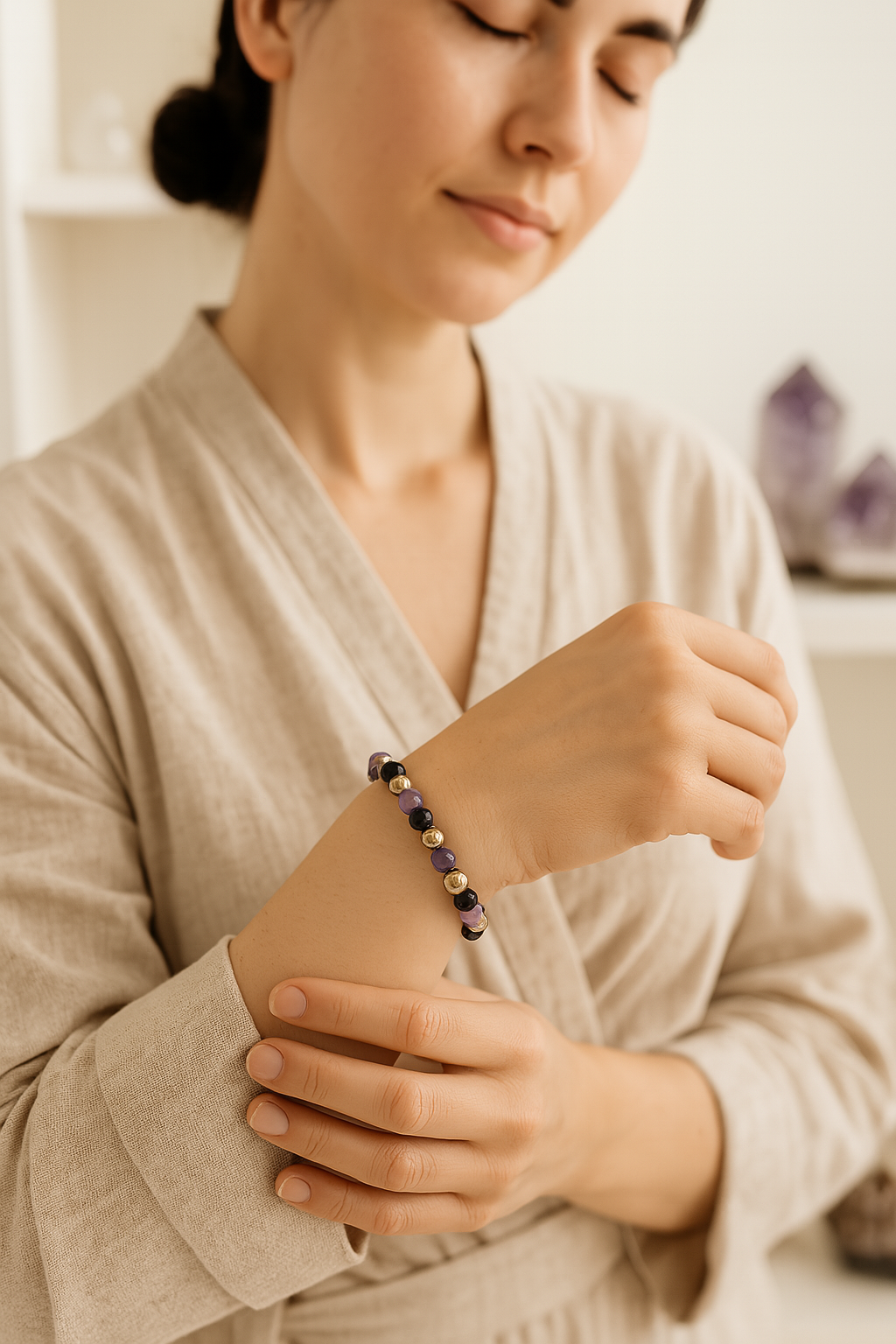 Bracelet Protection & Ancrage – Lépidolite, Obsidienne Noire et Hématite Dorée en Pierres Naturelles
