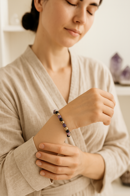 Bracelet Protection & Ancrage – Lépidolite, Obsidienne Noire et Hématite Dorée en Pierres Naturelles