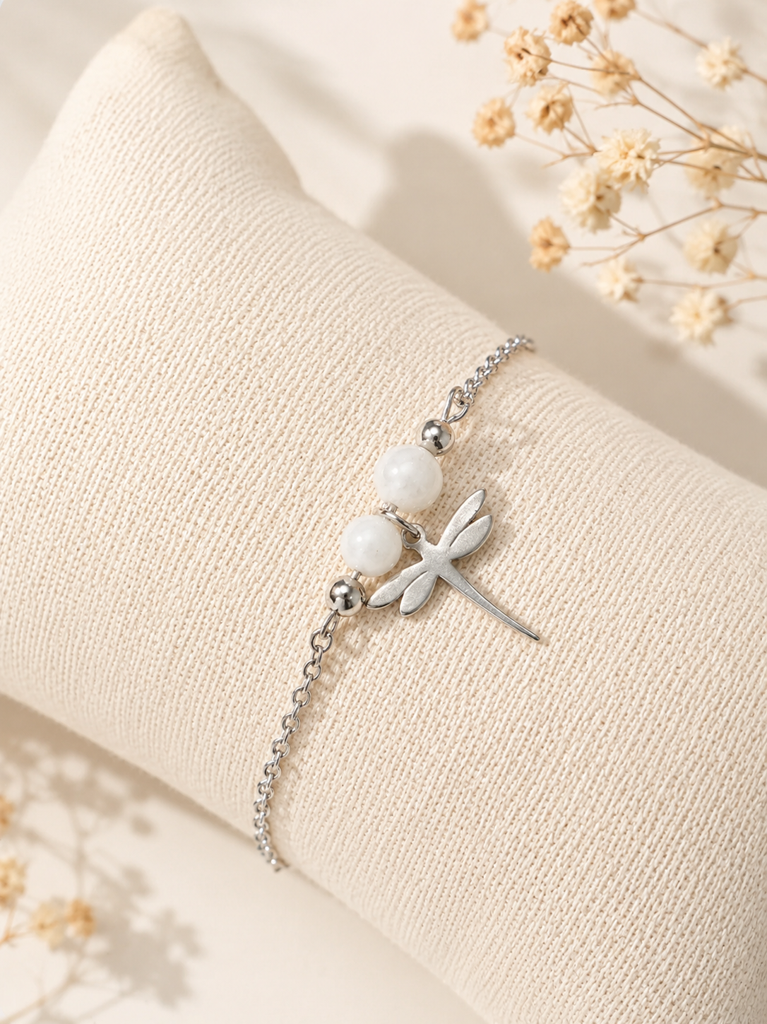 Bracelet Pierre de Lune en Acier Inoxydable avec Libellule – Bracelet Femme