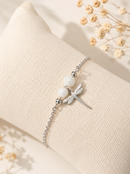 Bracelet Pierre de Lune en Acier Inoxydable avec Libellule – Bracelet Femme