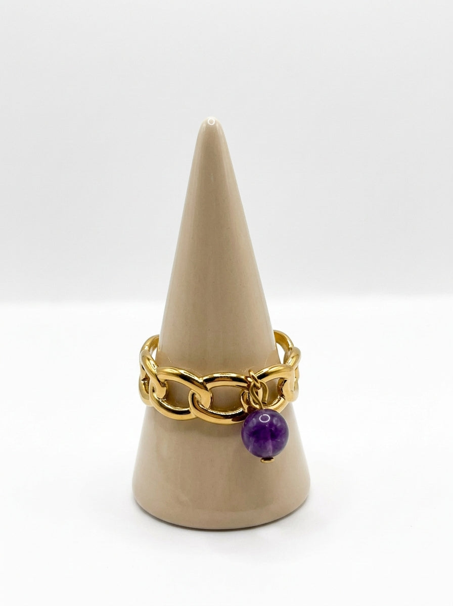 Bague Améthyste Véritable en Acier Inoxydable Doré – Bijou Femme Élégant & Lithothérapie